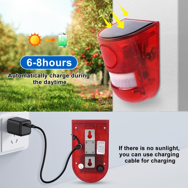 Aolyty Solar Motion Sensor Detector Siren Sound Alarm LED Warning Strobe Flashing Red Light Security Outdoor Waterproof Device Keep Animal Away for Home Warehouse Farm (Red Lampshade) - Image 2